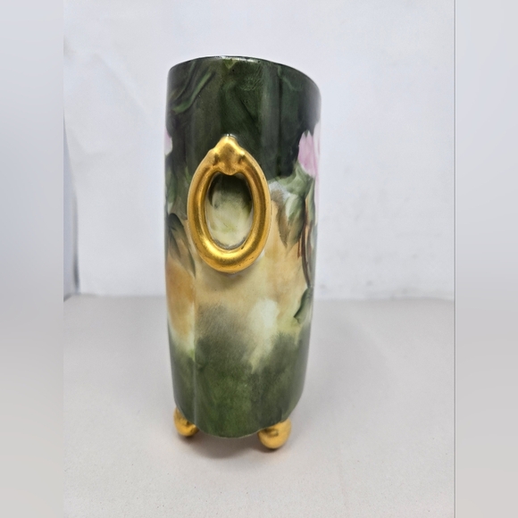 Antique Limoges 1919 Pink Roses Green Background Cachepot Gold Accents Vase - Picture 8 of 14